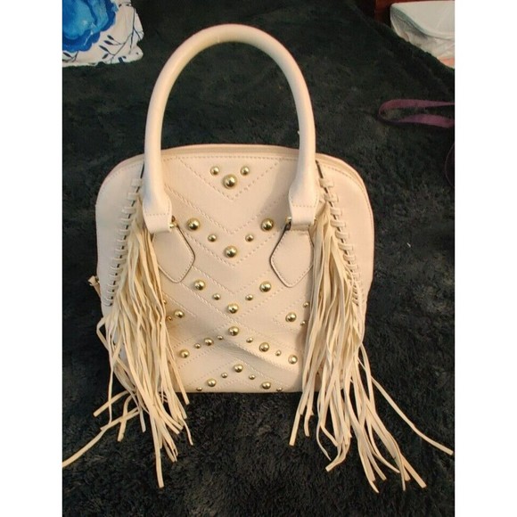 Mossimo Beige Non-Leather Material Fringe Zips Roomy Purse 12 X 15" Handles - Picture 1 of 12